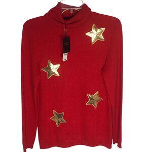Cashmere  Sweater Womens Medium Red Turtleneck Gold Sequin Stars Celestial